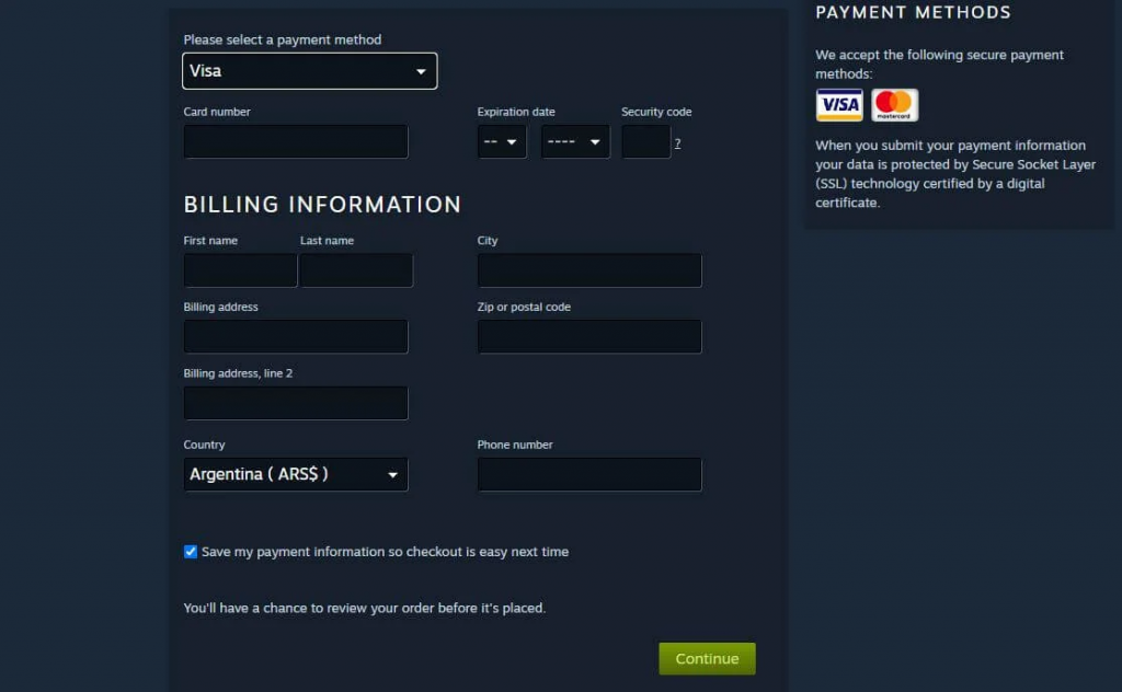 Change billing address of Steam game store