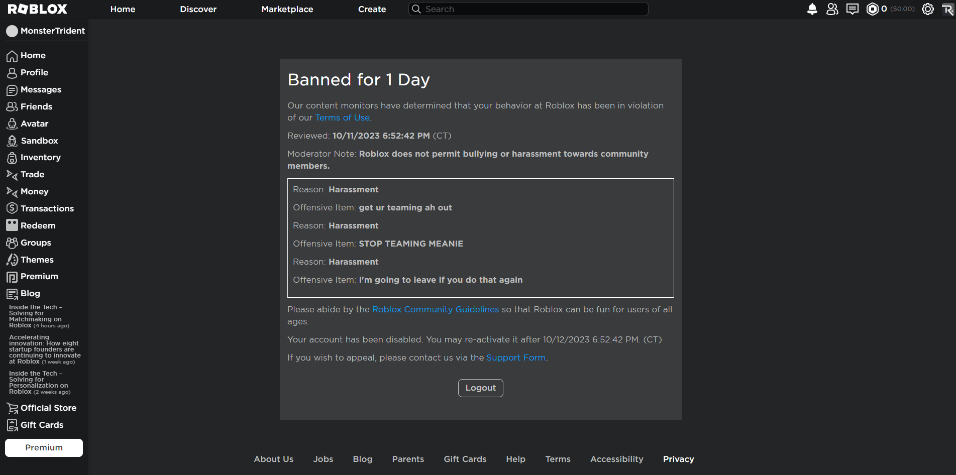 Roblox Account Ban