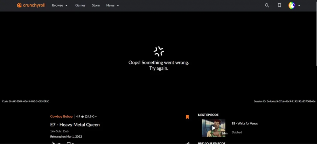 Crunchyroll: Opps. Something went wrong