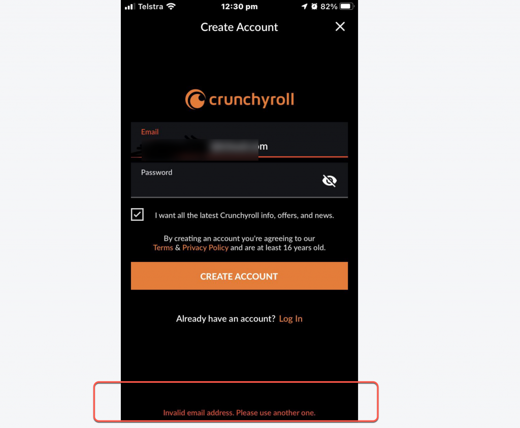 Invalid Crunchyroll email, username, or password