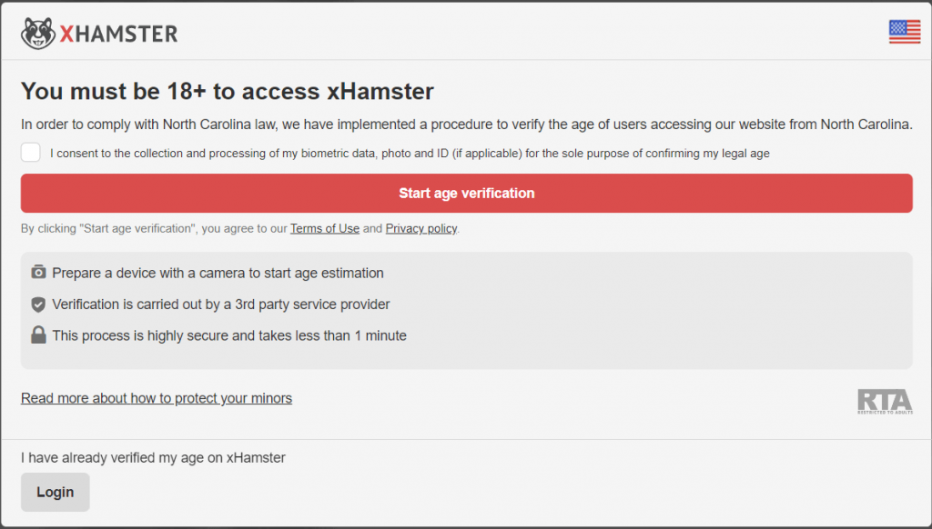 xHamster Age Verification on site popup