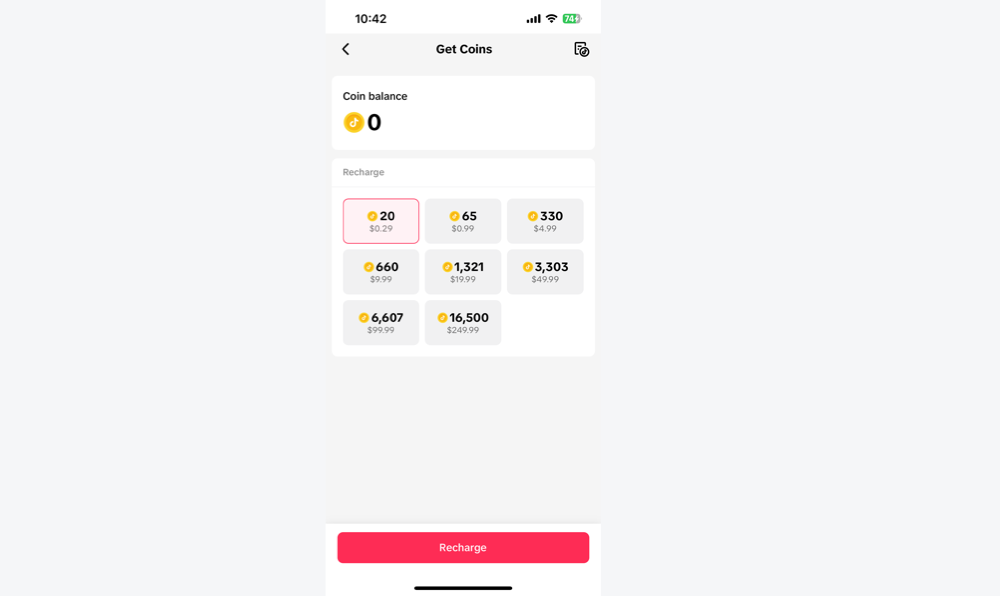 Recharge TikTok coins in app