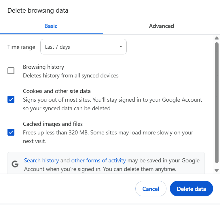 Delete browsing data